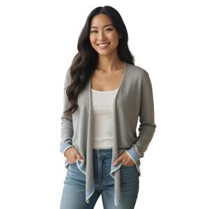 Casmari Gray Open Front Cashmere Blend Sweater with Blue & White Stripe Trim